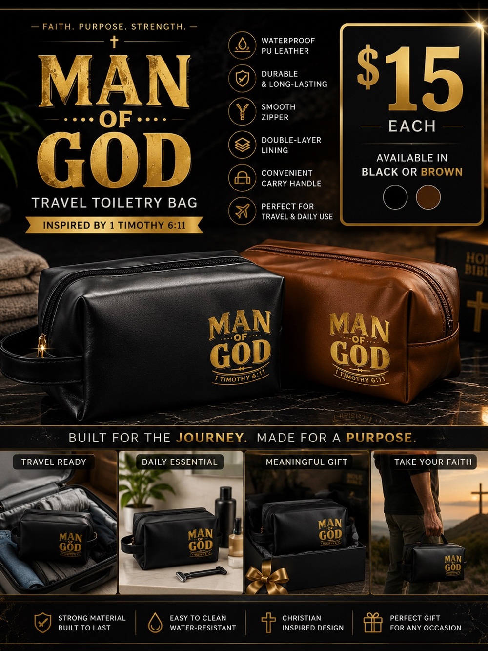 Man of God Travel Toiletry Bag | Christian Gift | Black or Brown | $15 Each